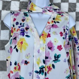 CeCe NWT sleeveless blouse floral watercolor neck scarf XS Romantic Voyage